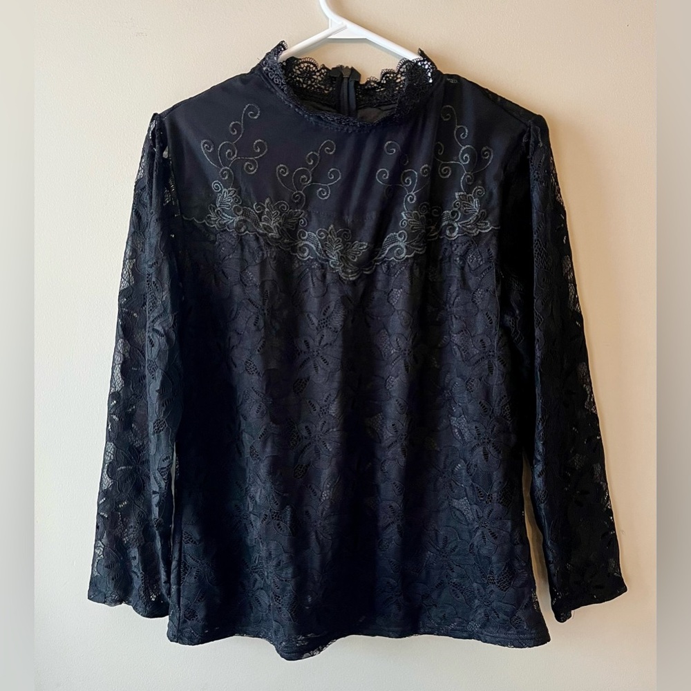 Victorian Style High Neck Black Lace Long Sleeve Blouse Size Small - witchcore - Picture 2 of 9